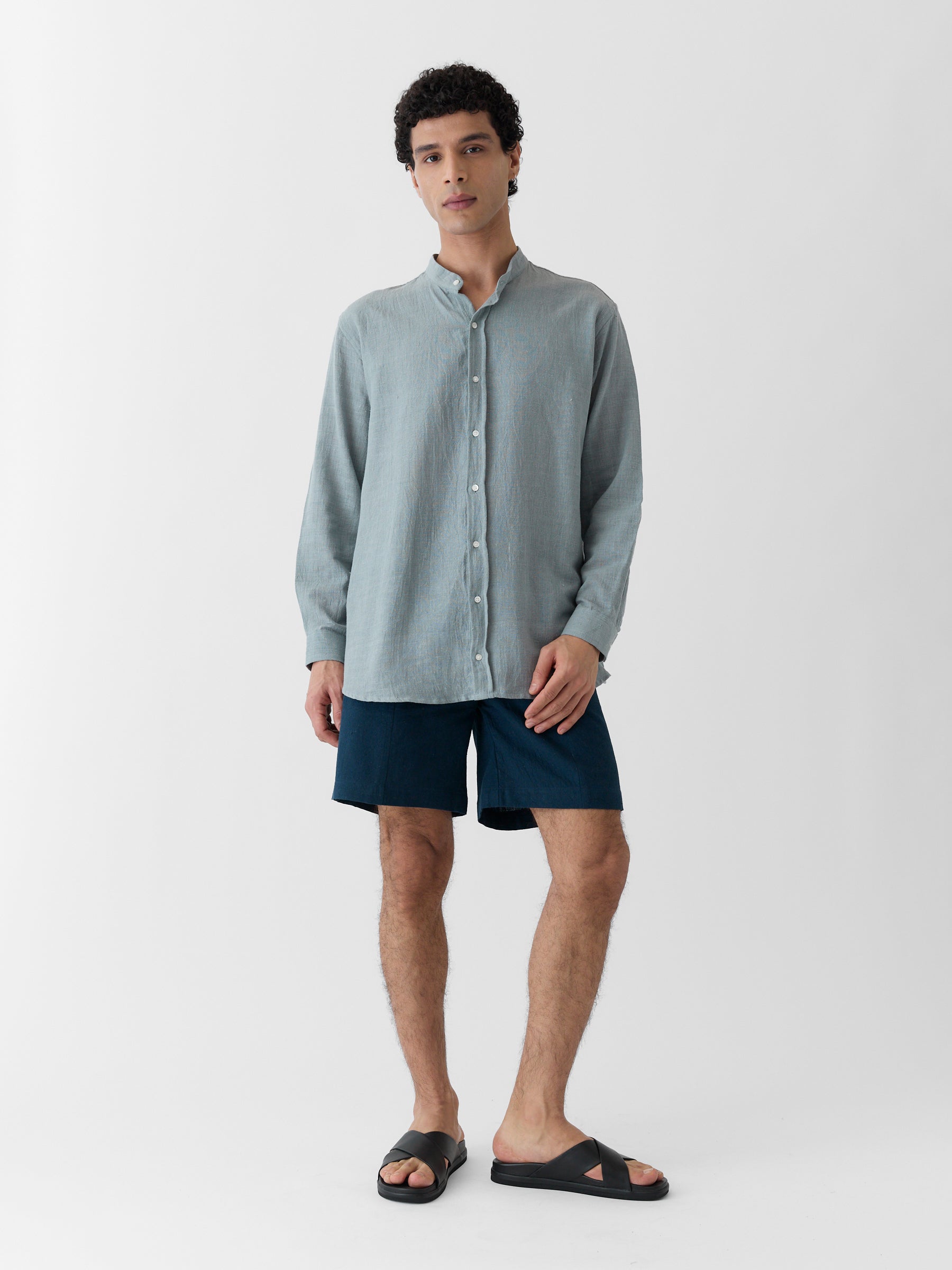 Men's Mandarin Collar Shirt- Greenish Gray