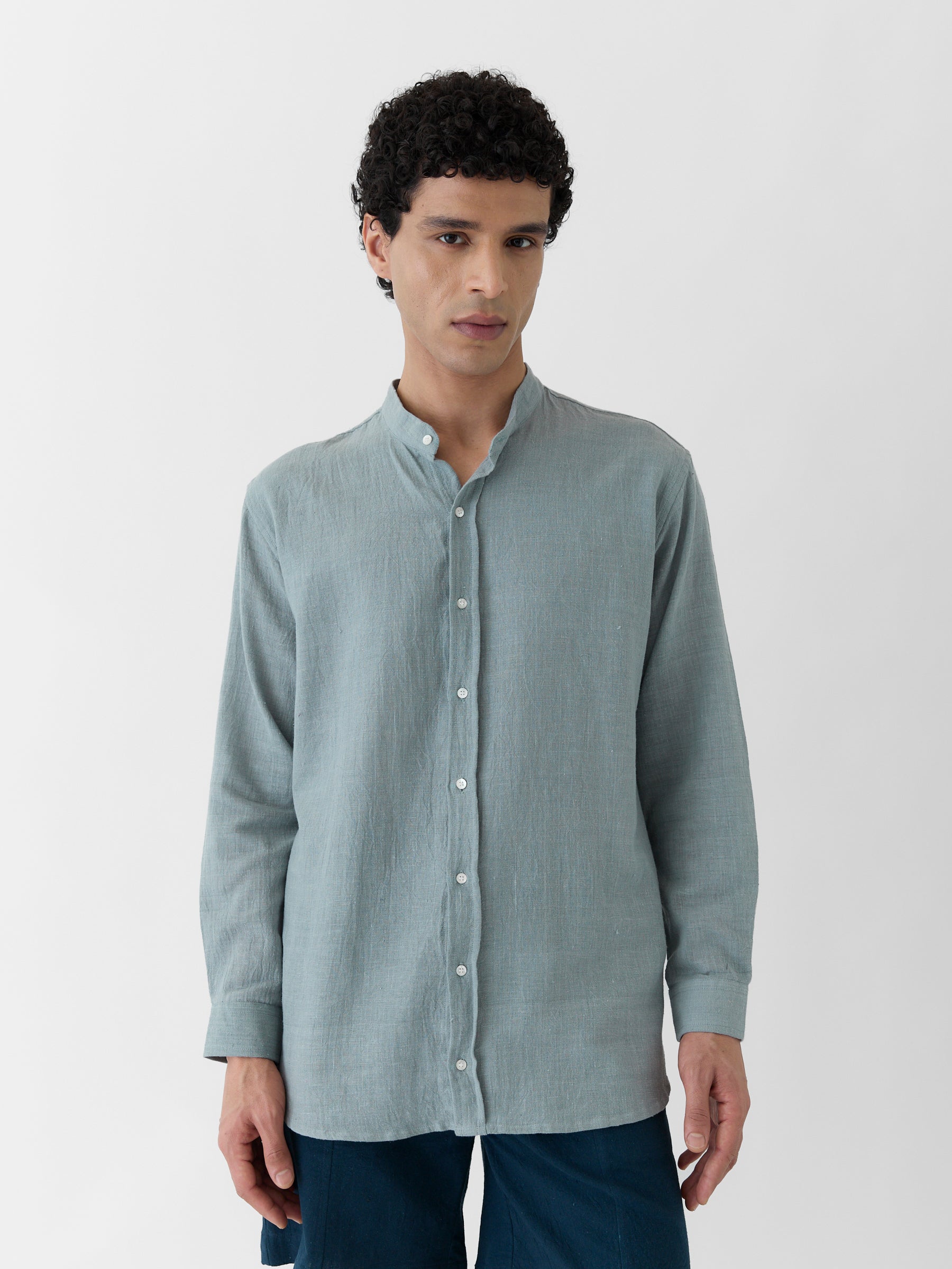 Men's Mandarin Collar Shirt- Greenish Gray