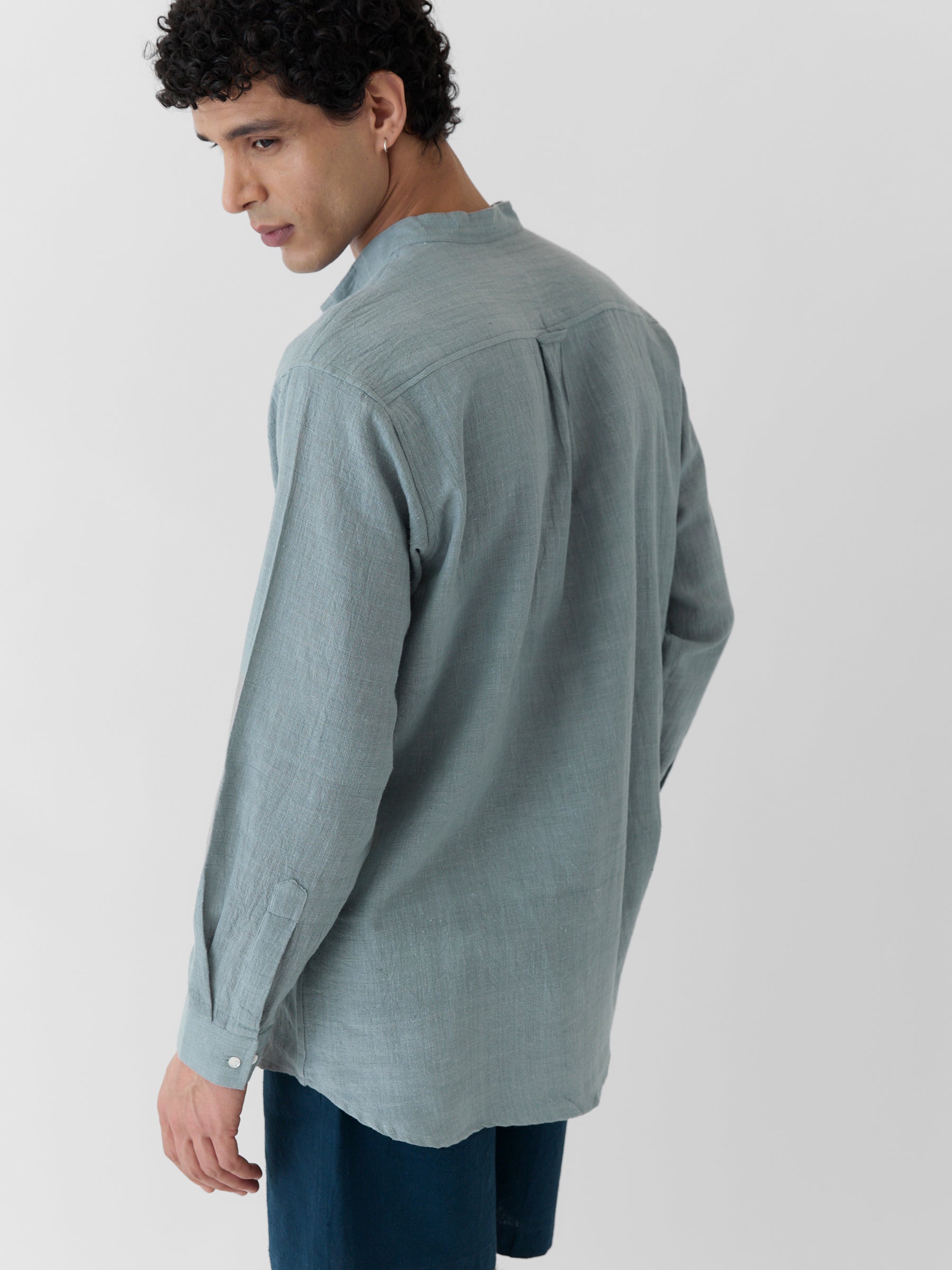 Men's Mandarin Collar Shirt- Greenish Gray