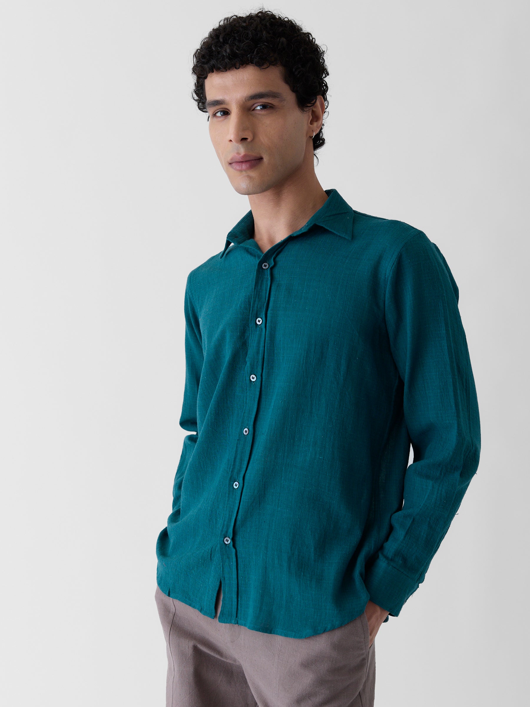 Men's Regular Collar Shirt- Teal Green