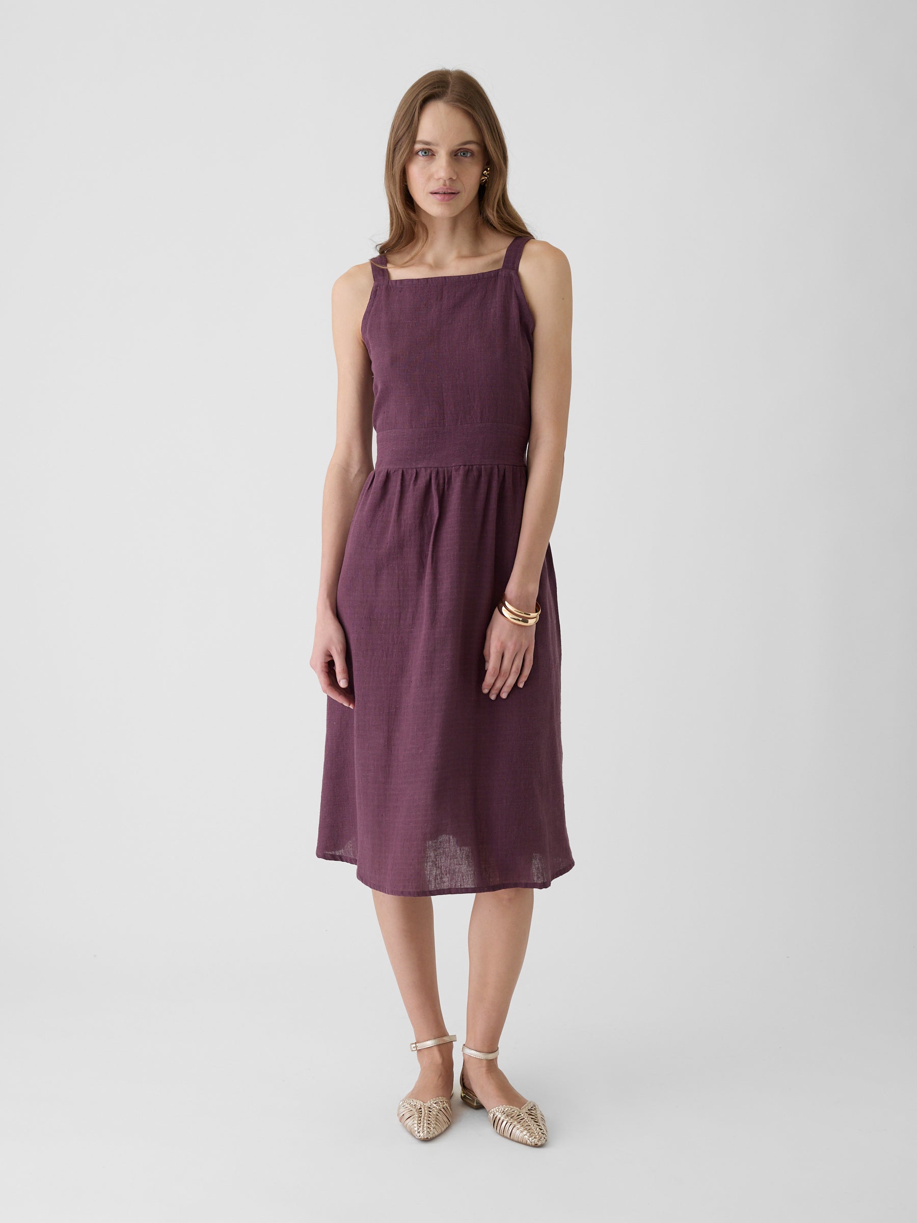 Women's Tie-Waist Midi Dress- Aubergine Purple