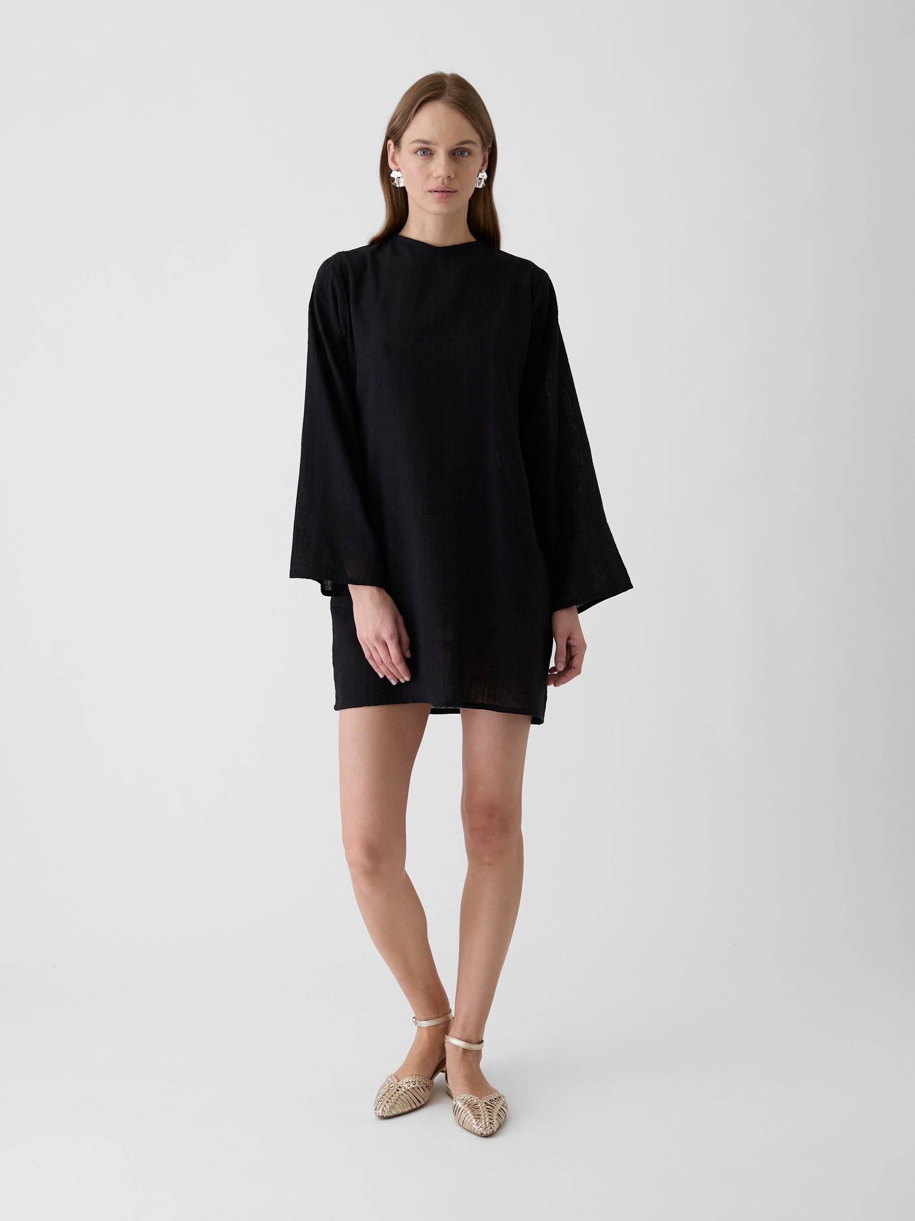 Women's Bell Sleeve Short Dress- Black