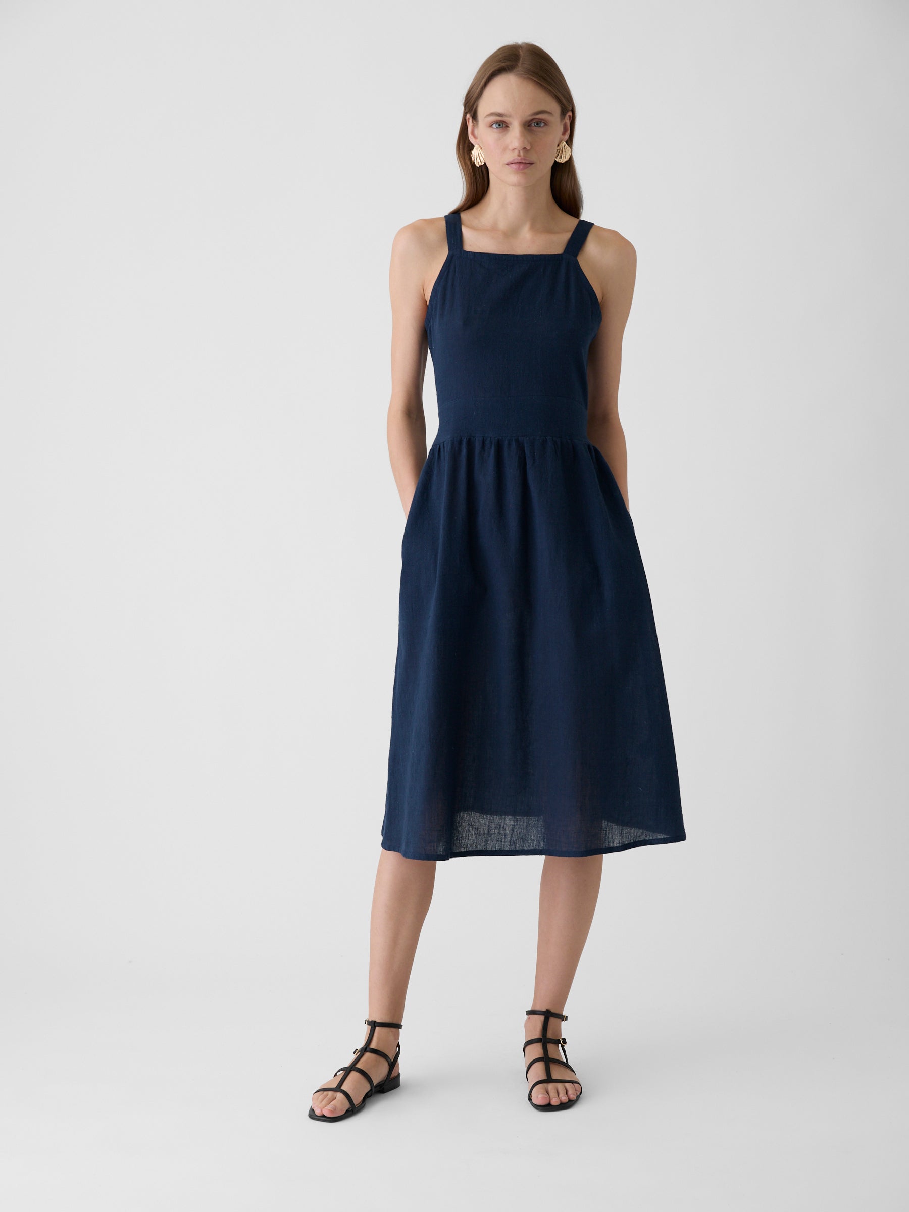 Women's Tie-Waist Midi Dress- Navy Blue