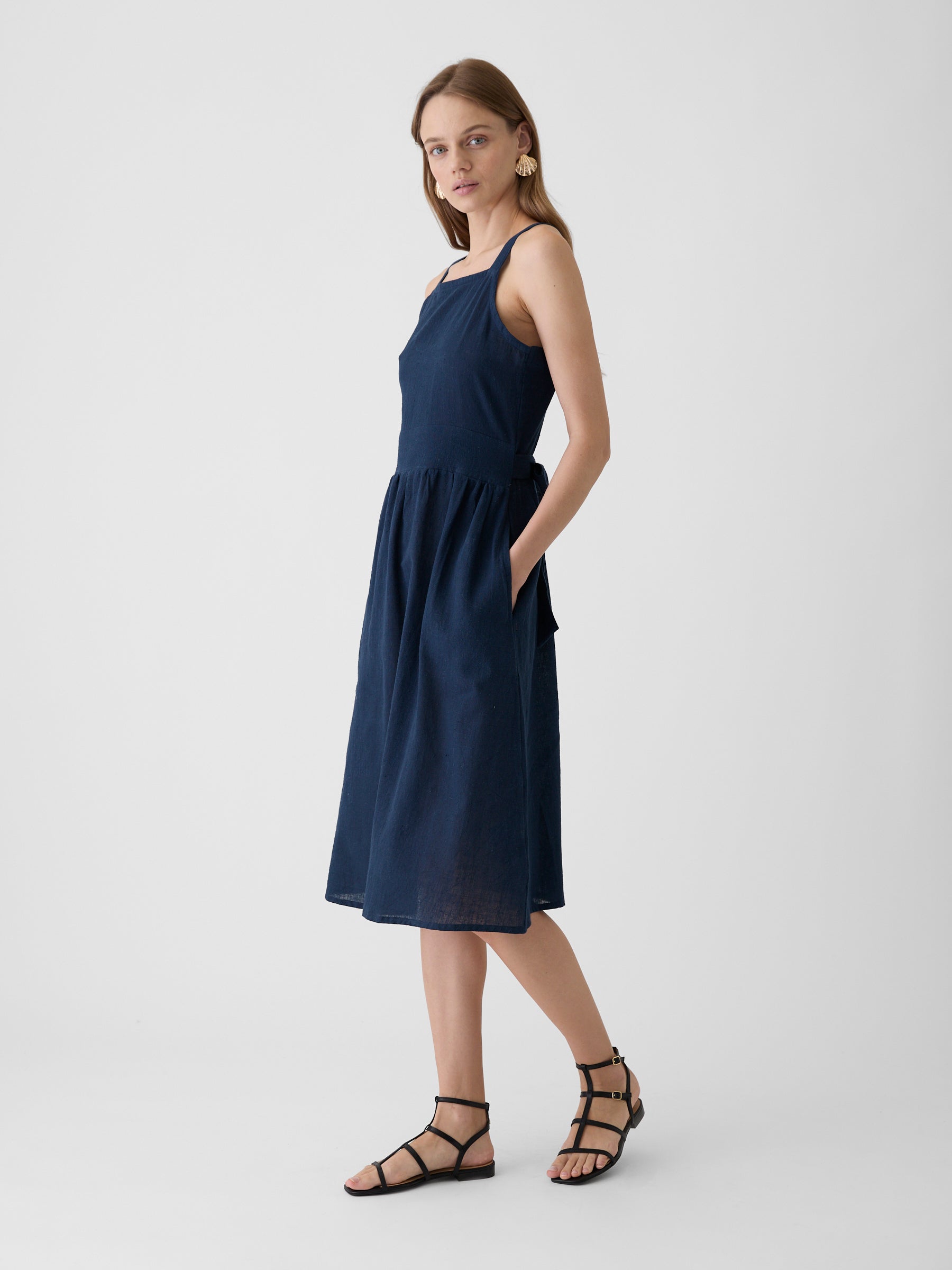 Women's Tie-Waist Midi Dress- Navy Blue