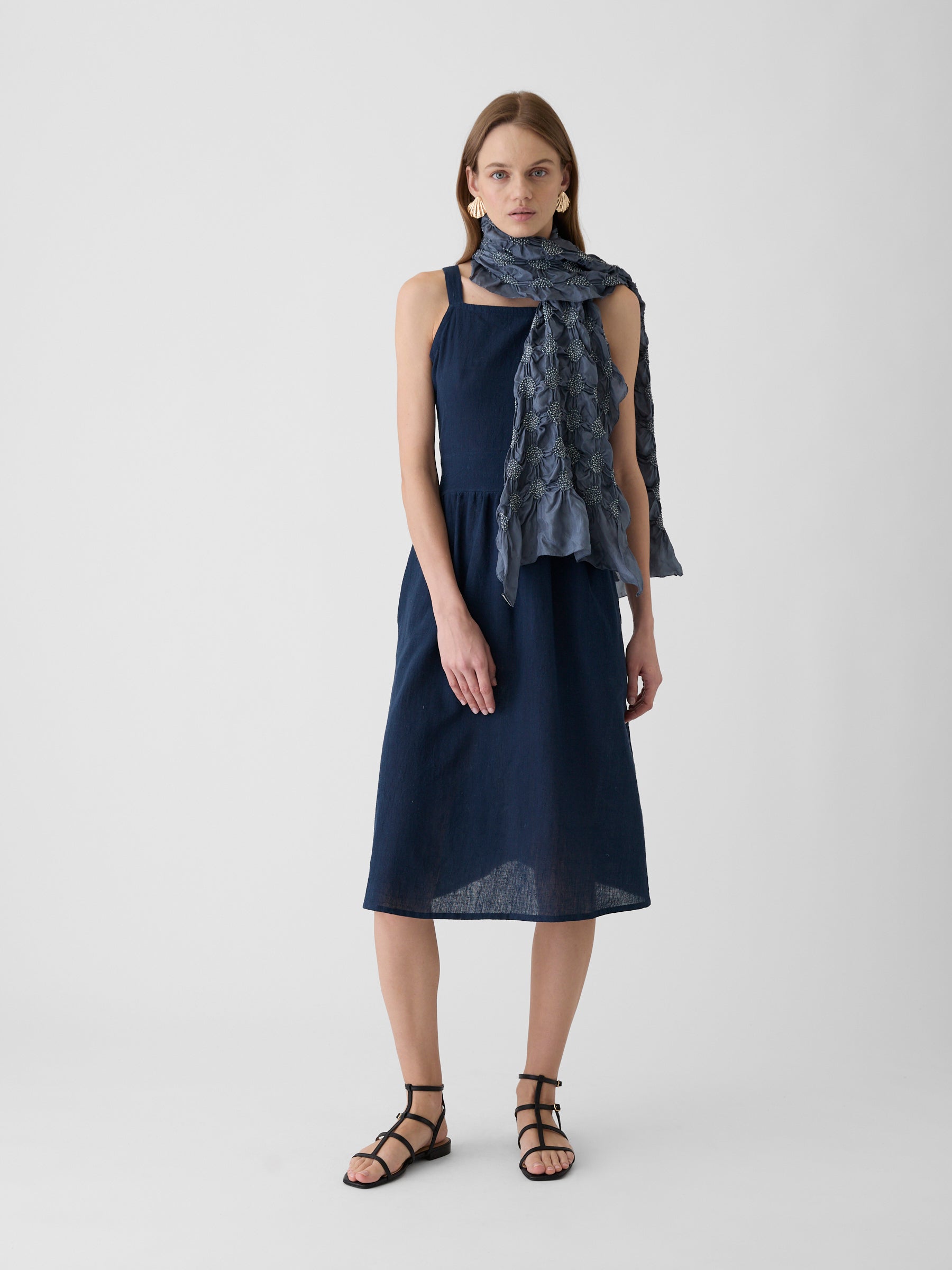 Women's Tie-Waist Midi Dress- Navy Blue