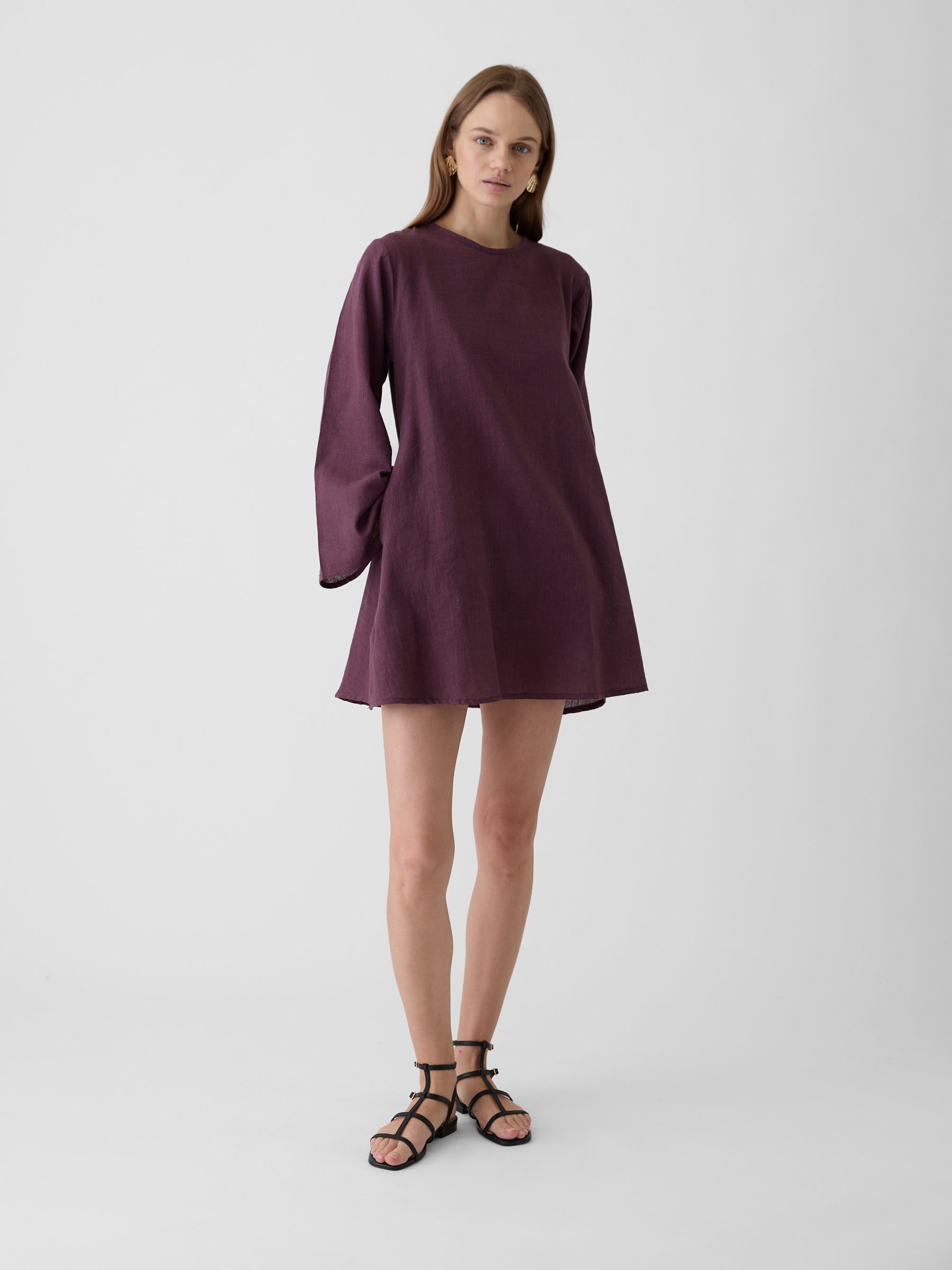 Women's Bell Sleeve Short Dress- Aubergine Purple