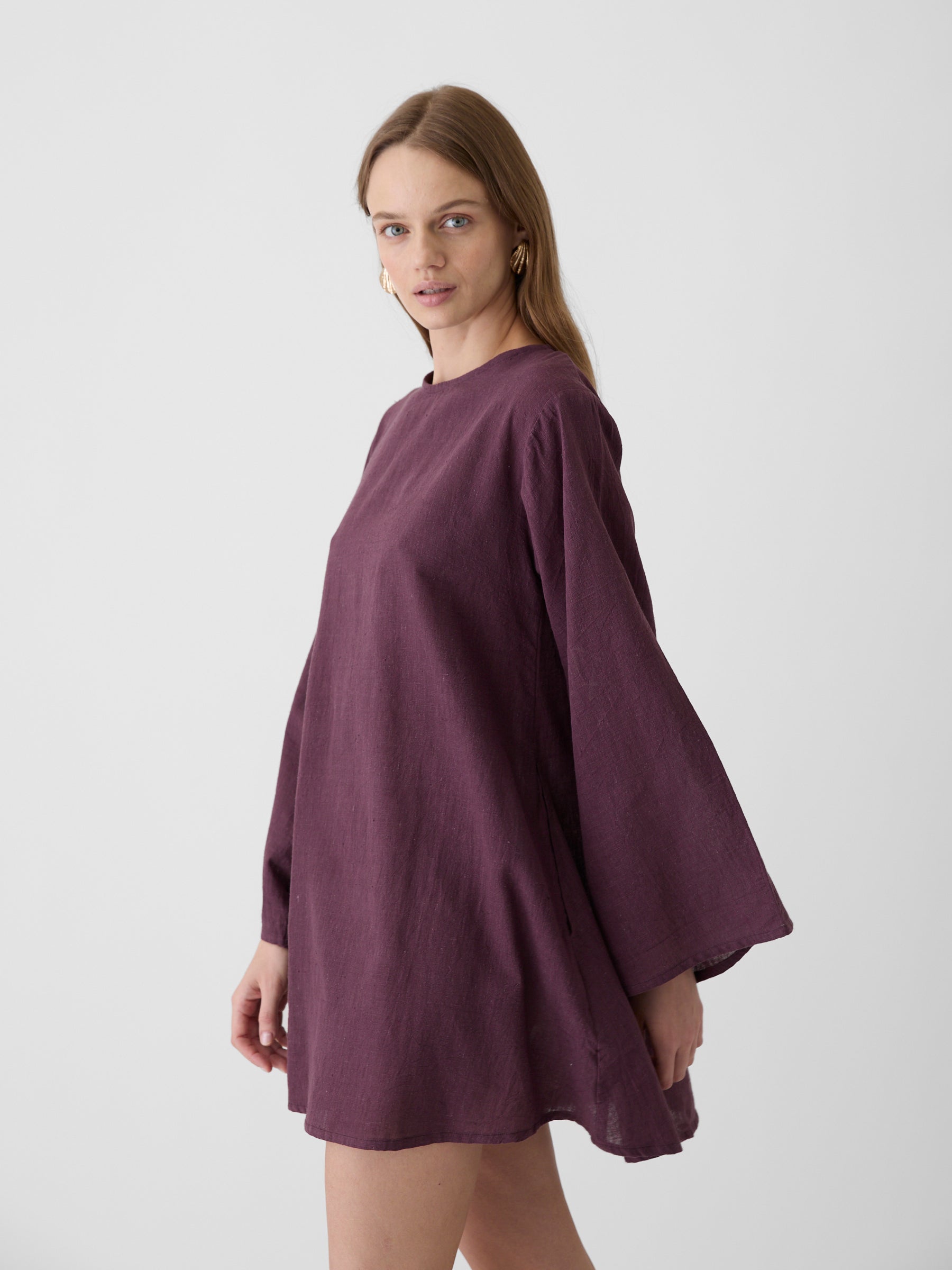 Women's Bell Sleeve Short Dress- Aubergine Purple