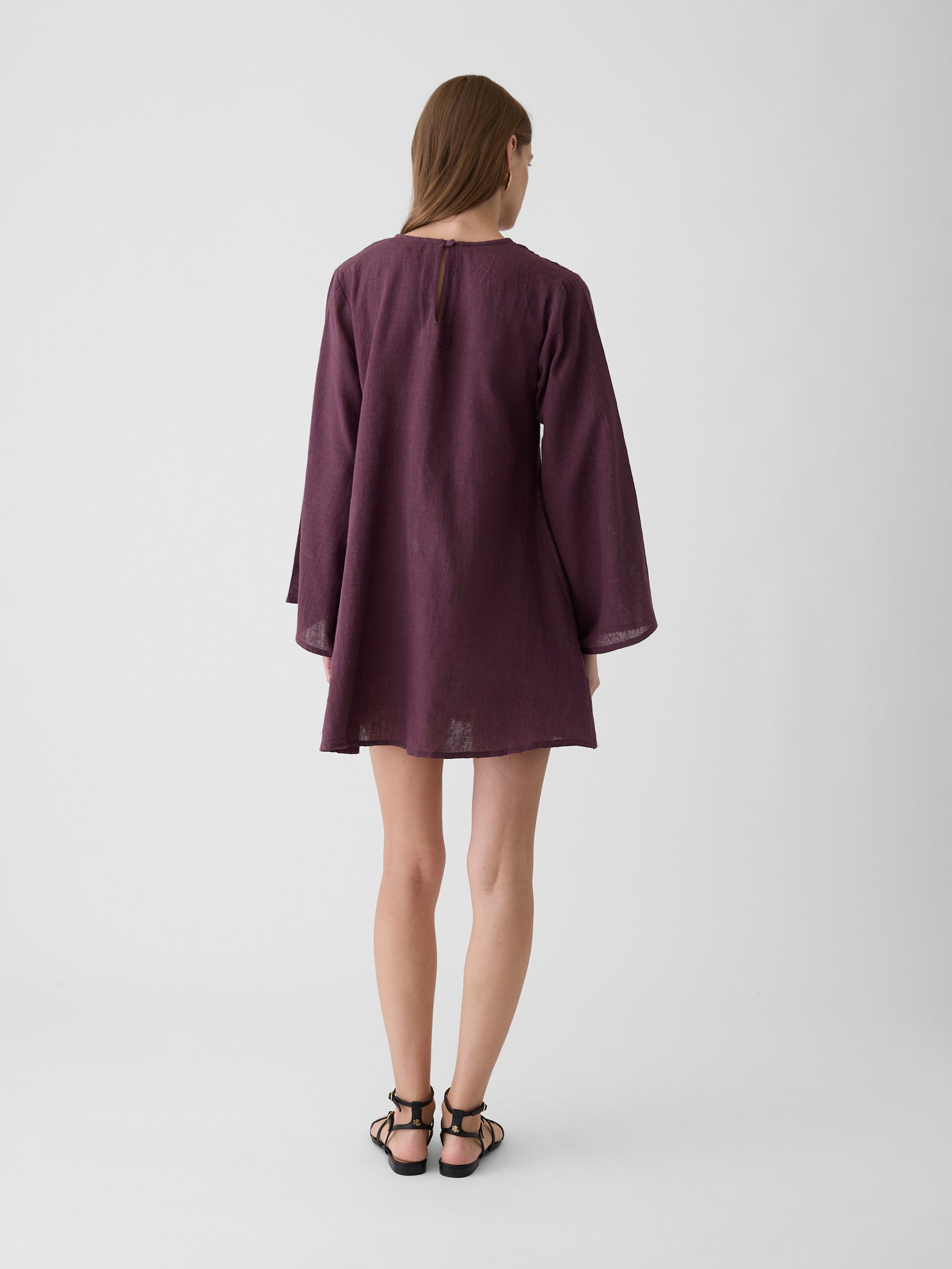 Women's Bell Sleeve Short Dress- Aubergine Purple
