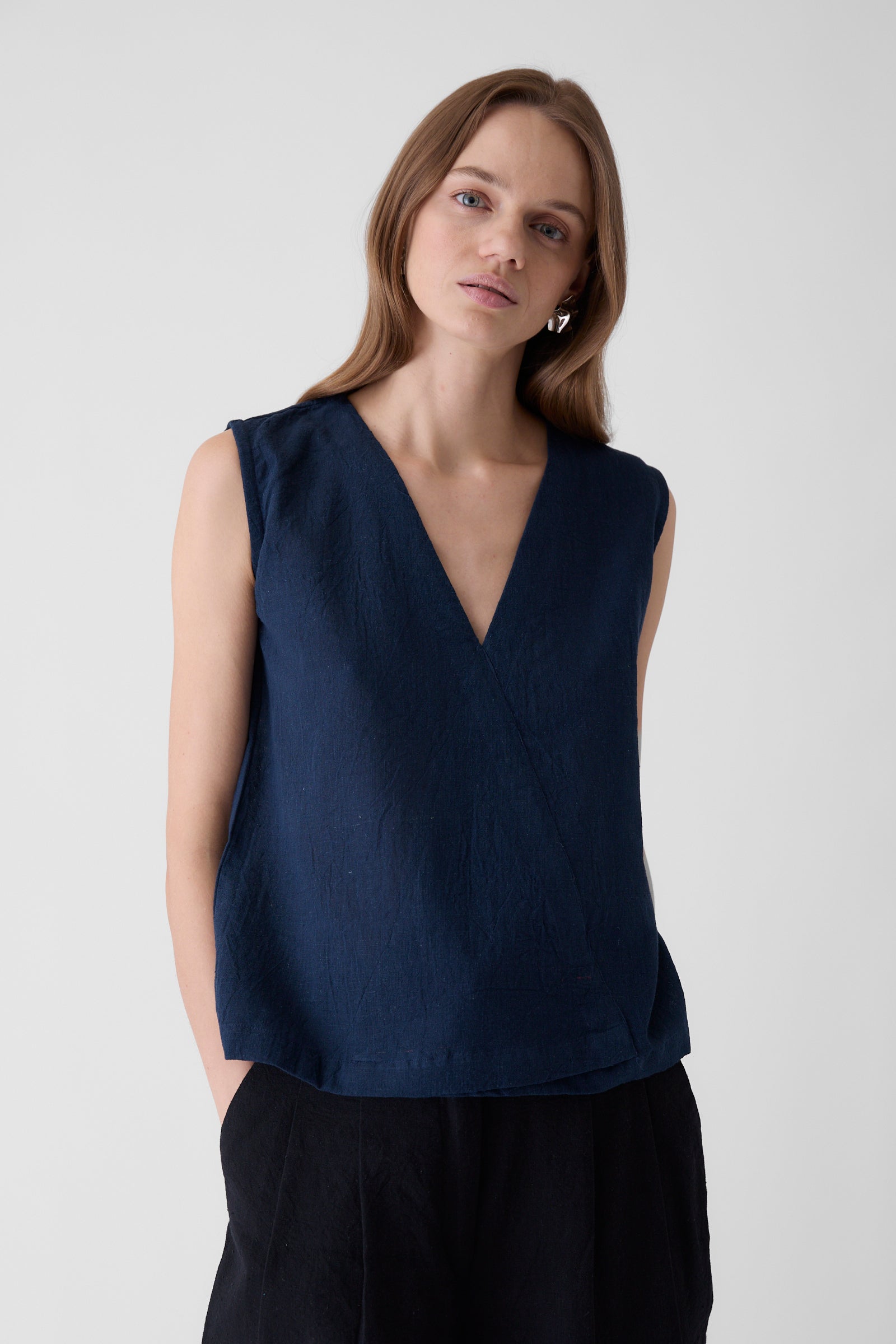 Women's V-Neck Crop Top- Navy Blue