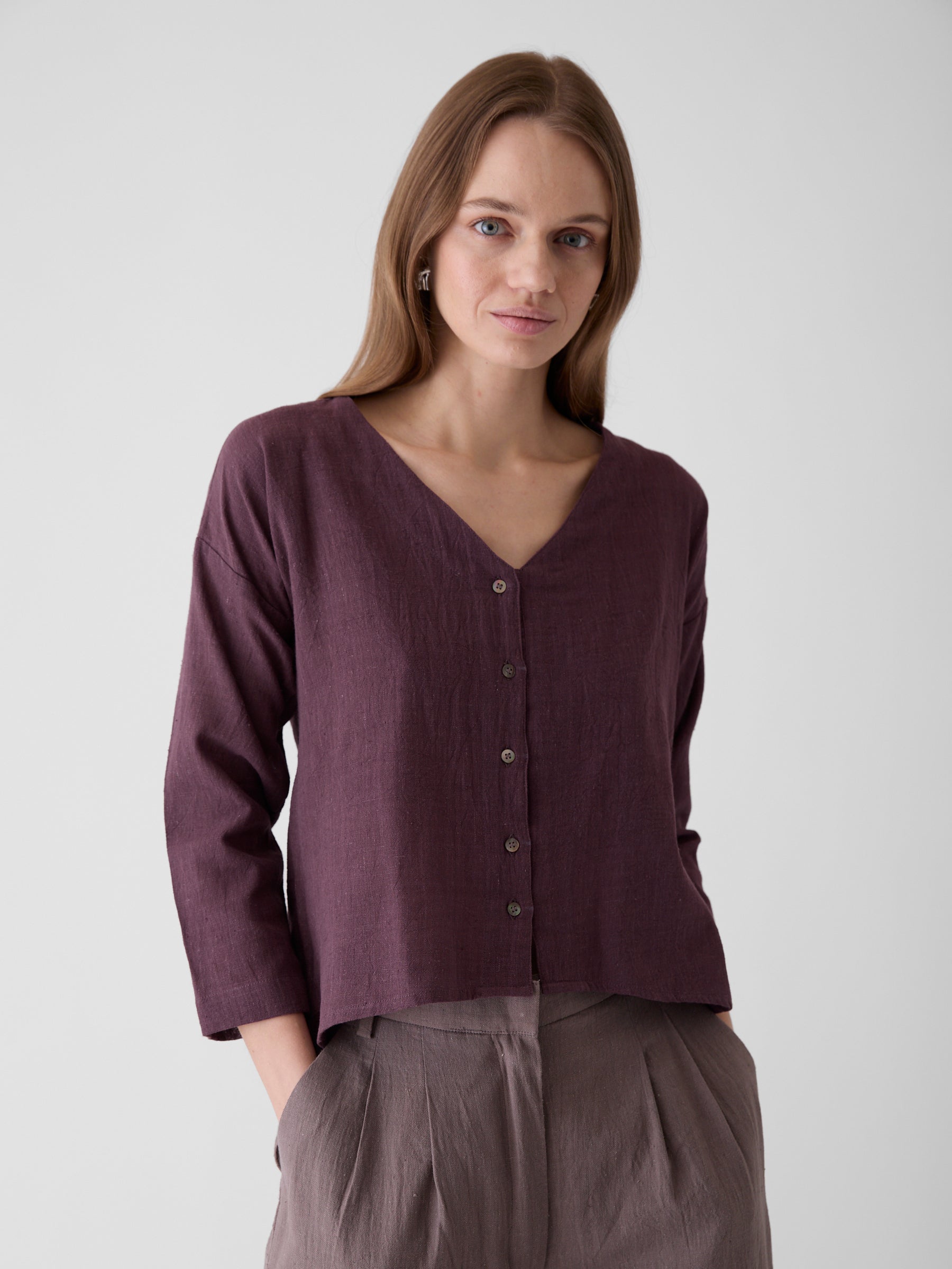 Women's V-Neck Shirt- Aubergine Purple