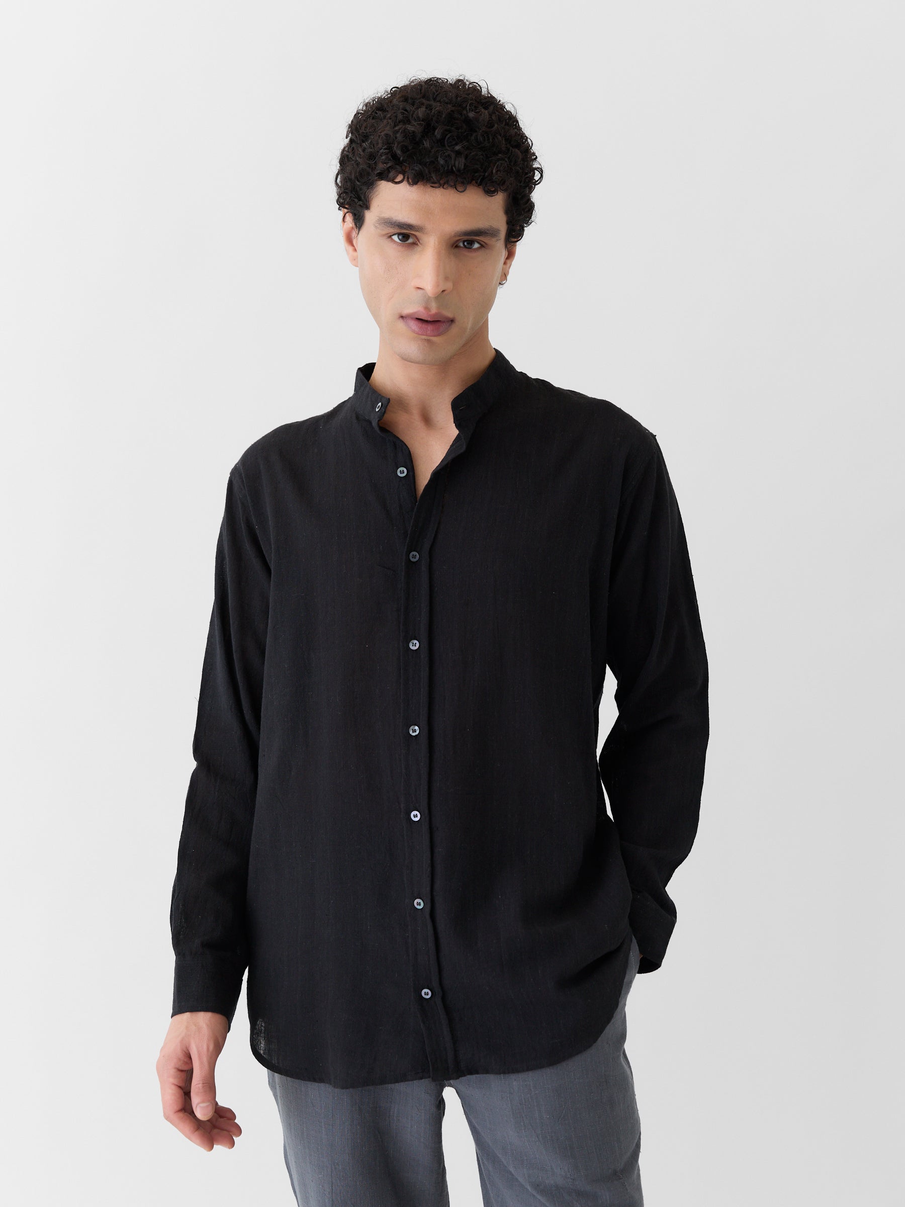 Men's Mandarin Collar Shirt- Black
