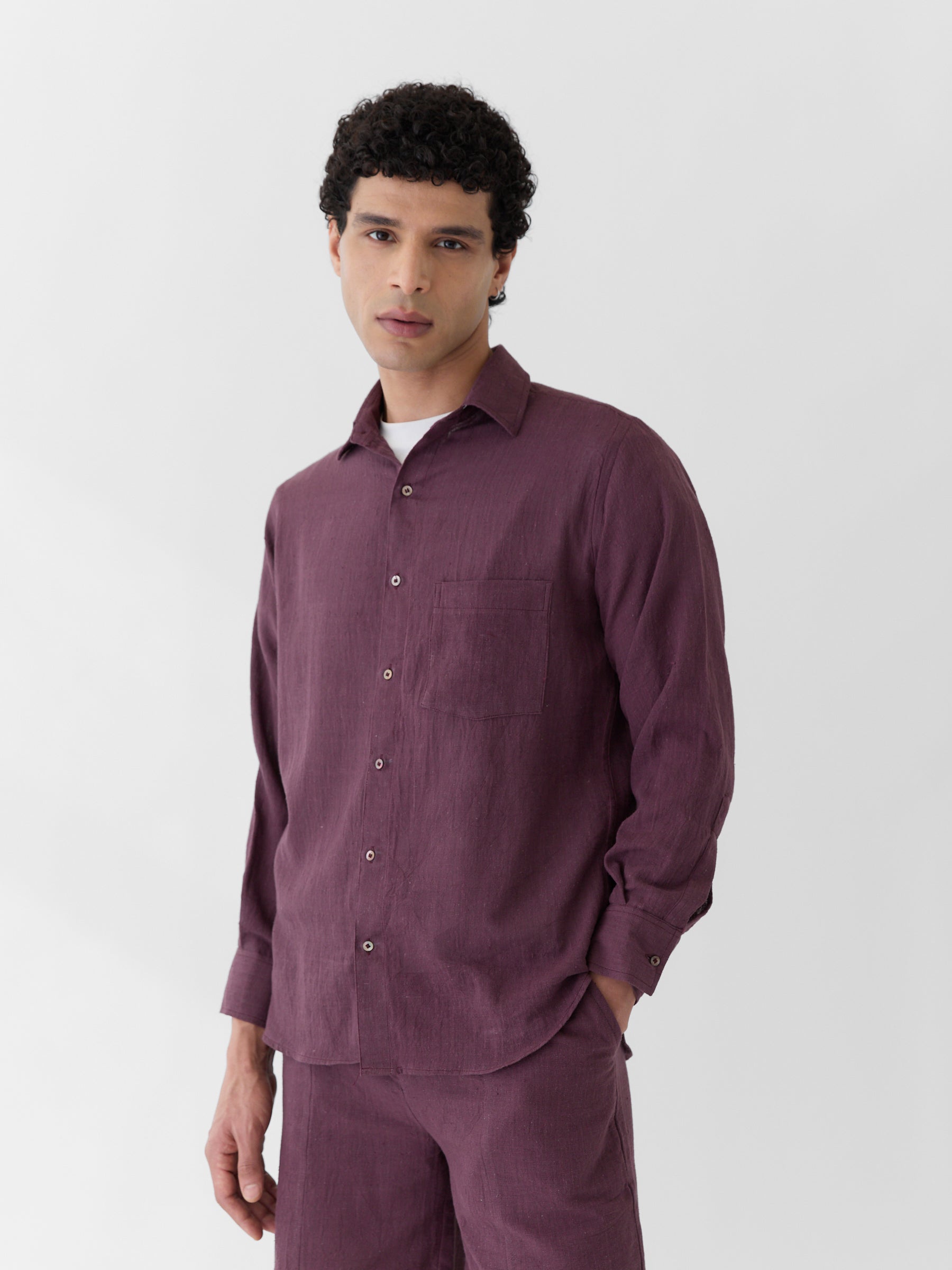 Men's Pocket Collar Shirt- Aubergine Purple