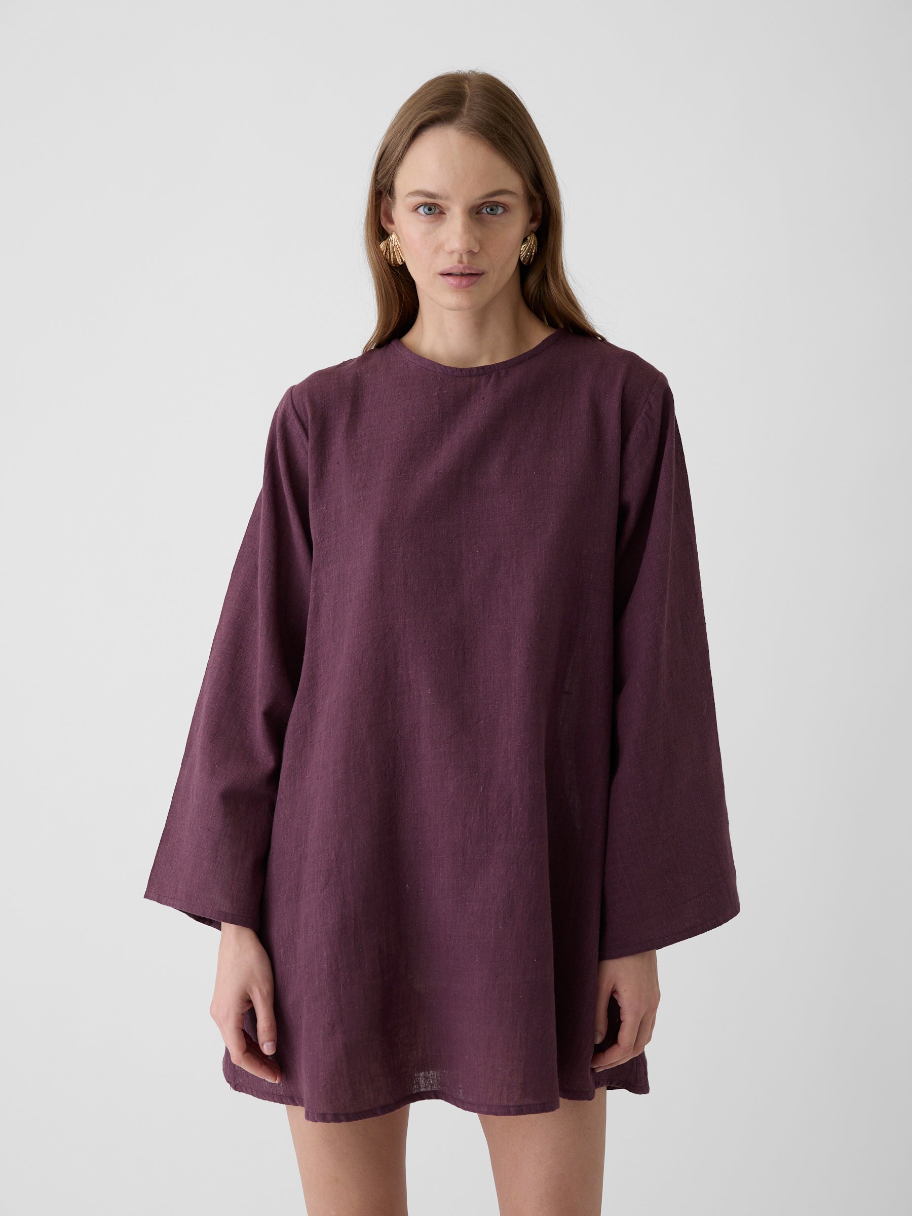 Women's Bell Sleeve Short Dress- Aubergine Purple
